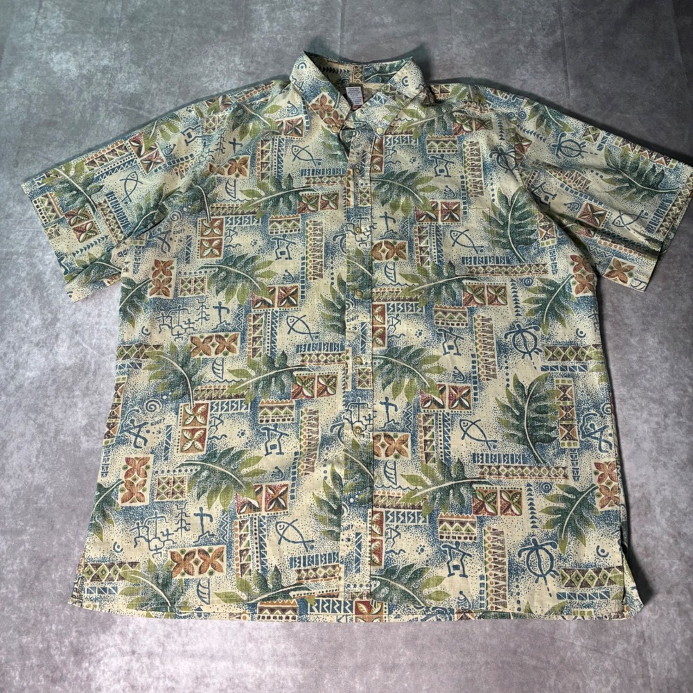 Reyn Spooner Art of Eddy Y Mens XXL Hawaiian Shirt Tribal Petroglyph Print Blue